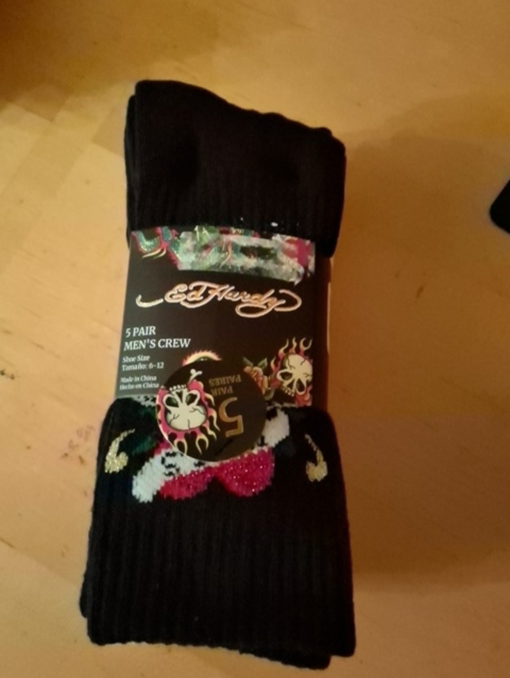 Ed Hardy Black Crew Socks with Multicolor Flame Embroidery